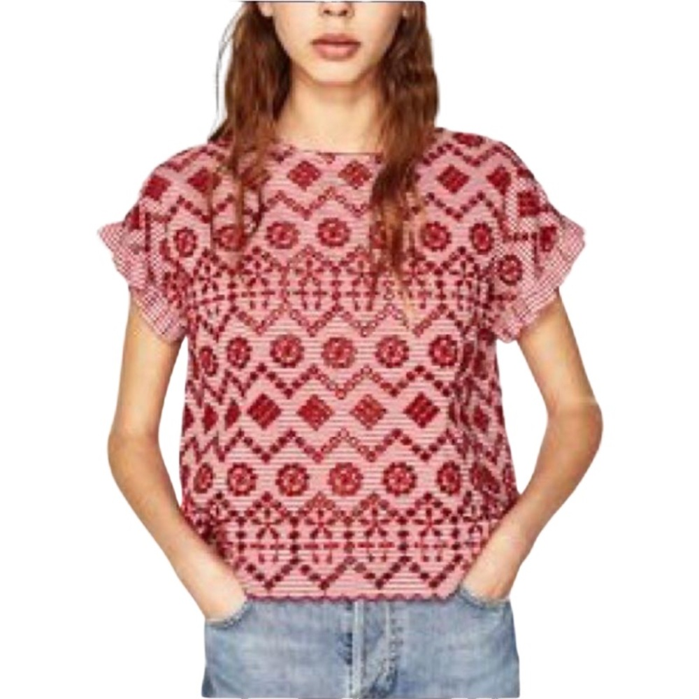 Zara Red Boxy Ruffled Blouse